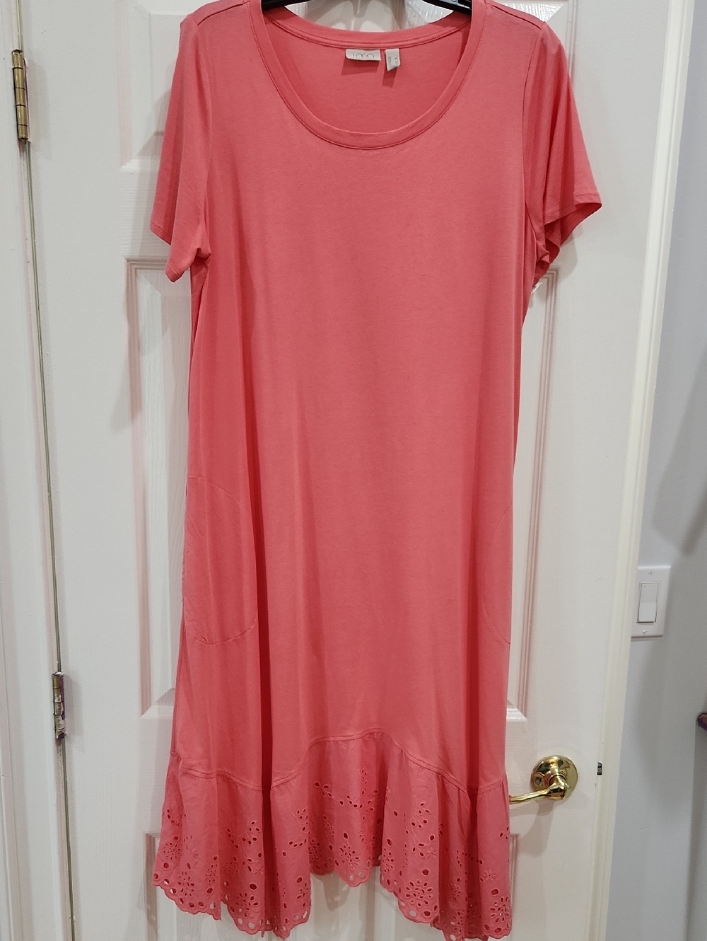 LOGO BY LORI GOLDSTEIN DRESS SIZE L COTTON MODAL PINK DRESS, EYELET HEM. MIDI